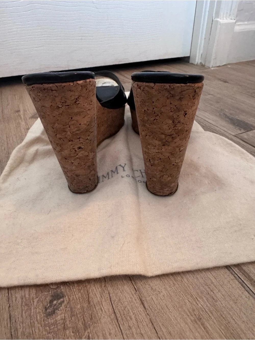 Jimmy Choo Black Patent Cork Platform Slide Sandals